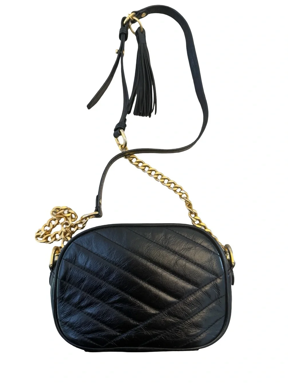 Tory Burch Black Quilted Leather Camera Crossbody with Gold Chain and Tassel